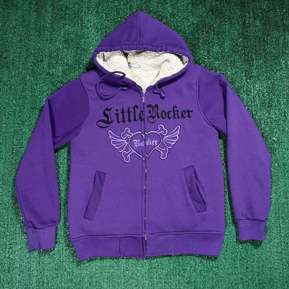 Womens Y2K Style Purple 'Little Rocker' Faux Fur Lined Zip-Up Hoodie Medium